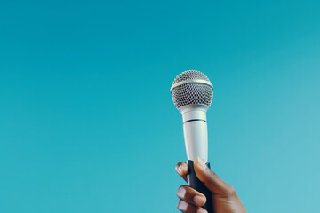 Microphone on blue background, Horizontal composition with copy space