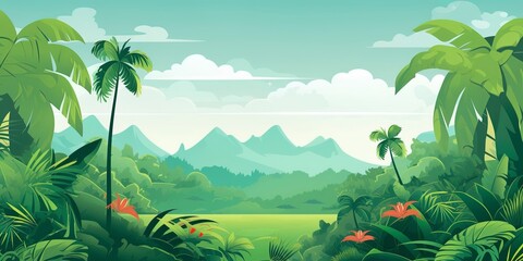 A tropical landscape with a diverse array of palm and tropical tree species. The vector style illustration presents a panoramic view of a thriving tropical forest. - obrazy, fototapety, plakaty