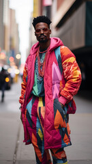Fototapeta premium Street photo of a black model wearing colorful clothes