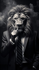 A grayscale portrait of a formidable lion in a suit