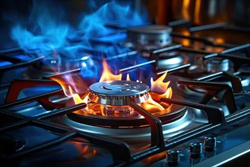 Foto op Canvas a close up of flames over a stove top. gas fire on stove top © Rangga Bimantara