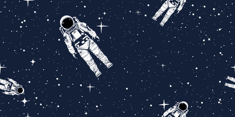 Seamless pattern of an astronaut in space against a background of twinkling stars. Sketch style. © Siarhei