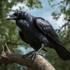 Fototapeta premium Crow perched on tree branch. AI Generative