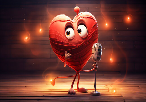 Romantic cartoon heart singing with microphone. AI generative