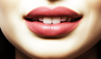 Fototapeta premium Closeup of woman with red lips. Contemporary and modern makeup concept. AI Generative