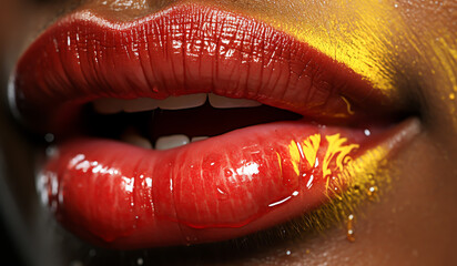 Closeup of woman with red lips and yellow paint running down her face. Contemporary and modern makeup concept. AI Generative