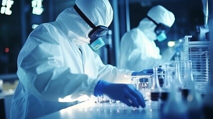 An AI illustration of two lab technicians working in their clean, modern laboratory area