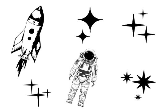 Set of space images of a rocket, astronaut, stars in sketch style on a white background.