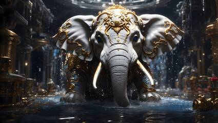 Portrait of a elephant wearing crown, with golden patterns and roses on a dark background.