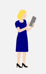 Happy urban businesswoman using tablet computer and working. Happy businesswoman using a digital tablet. Young businesswoman leader using a wireless tablet. Designer standing in his office.