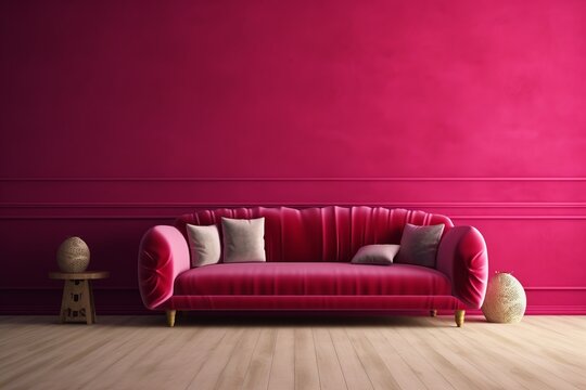 Viva Magenta Wall Background Mockup With Sofa Furniture And Decor. Generative AI