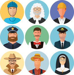 Vector flat profession characte Artistic smiling people portrait set. Worker isolated.