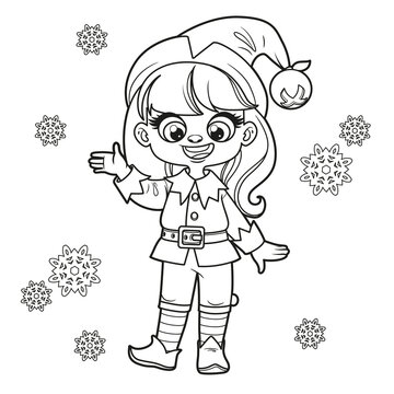 Cute cartoon girl in Santa Elf suit outlined for coloring page on white background