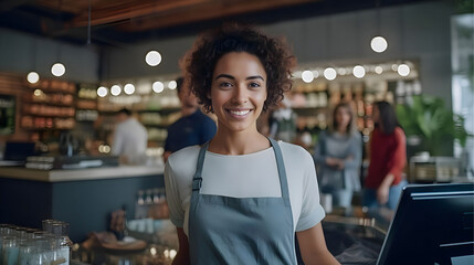 A female small business owner behind the counter