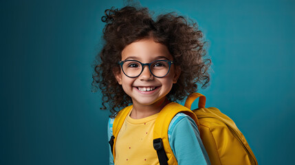 Handsome 7yo little girl in glasses is surprised, inspired, copy space, isolated on blue background
