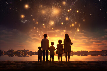 Fototapeta na wymiar silhouette of family which looking on the Christmas beautiful night sky full of stars