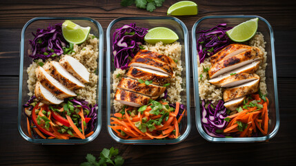 Healthy meal prep containers with quinoa chicken