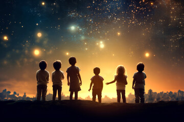 silhouette of back view children which looking on the christmas beautiful night sky full of stars - obrazy, fototapety, plakaty