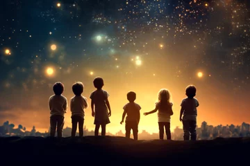 Fotobehang silhouette of back view children which looking on the christmas beautiful night sky full of stars © zamuruev