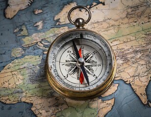 Fototapeta na wymiar Magnetic old compass on world map. vintage moment