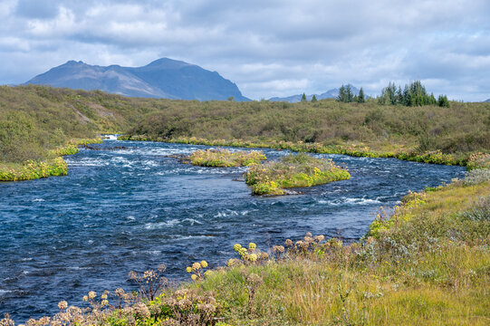 River through a green landscape of southern Iceland