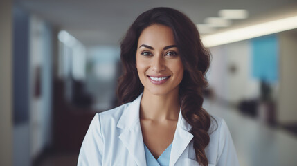 Obraz premium Portrait of a smiling Mexican female doctor standing in a clinic hallway and looking at camera. Medicine and beauty concept