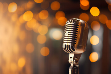 A vintage microphone against a blurred lights background. Live performance concept.