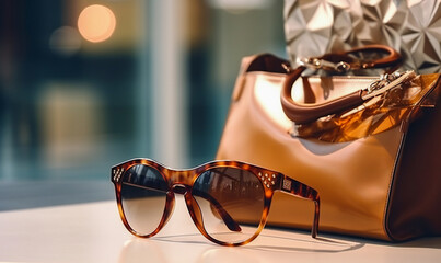 An elegant woman bag and a pair of sun glasses in a fashion woman store