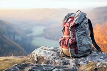 Close up of hiking backpack on stone in background of autumn mountains. Travel concept of vacation and holiday. - obrazy, fototapety, plakaty