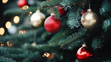 Obraz na płótnie Canvas Bright New Year decorations on the Christmas tree, festive background, beautiful card.