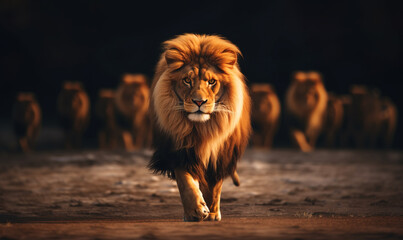 Leadership concept with majestic lion walking in front of his pride - obrazy, fototapety, plakaty