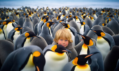 Odd one out concept with Small child standing in between penguin huddle