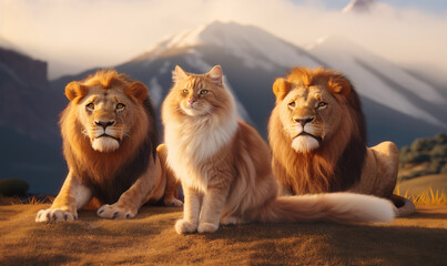 Picking the right friends strategy concept with furry cat standing together with lions