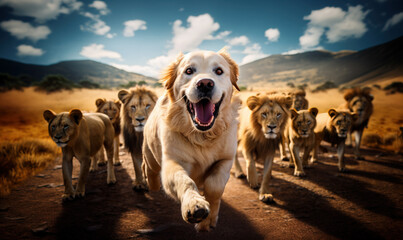 Naive Good boy Labrador retriever  thinks he's part of the lion pride - obrazy, fototapety, plakaty