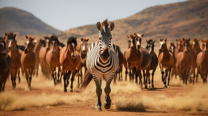 Standing out from the crowd concept with Zebra in heard of horses