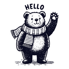cute bear wearing a scarf and waving Hello sketch - obrazy, fototapety, plakaty