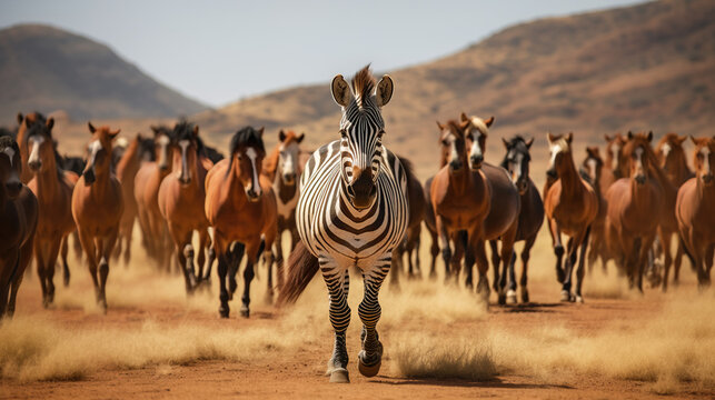 Standing Out From The Crowd Concept With Zebra In Heard Of Horses