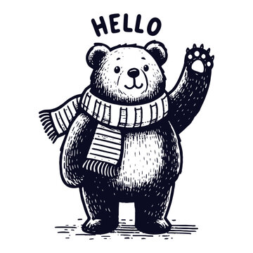 cute bear wearing a scarf and waving Hello sketch