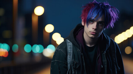 Close-Up of emo Punk Boy with Brightly Colored Hair - obrazy, fototapety, plakaty