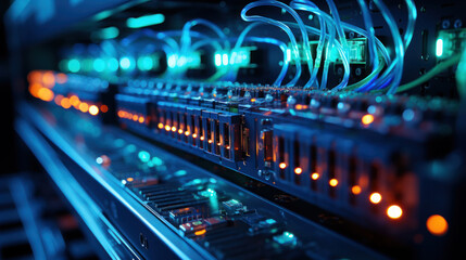 Data Center Connectivity: Network Hub with Fiber Optic Infrastructure. Generative AI