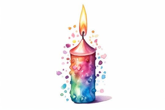 Watercolor birthday candle with a flickering flame on white background. AI generated