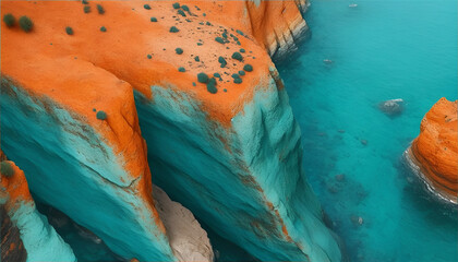 This image is an aerial view of a canyon that is made up of orange and blue rock. The canyon is surrounded by mountains and trees, and the sky is a clear blue