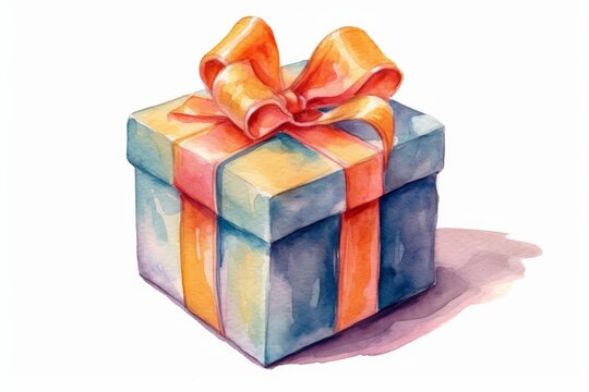 Watercolor gift box with a ribbon and bow, single, on white background. AI generated