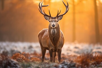 Red deer stag during rutting season in winter forest landscape, Majestic Red Deer Cervus elaphus stag in the morning mist, UK, AI Generated