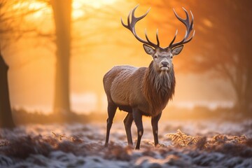 Majestic red deer stag during rutting season on beautiful winter sunrise landscape, Majestic Red Deer Cervus elaphus stag in the morning mist, UK, AI Generated