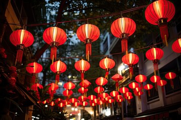 Chinese lanterns at night in Hoi An, Vietnam. Hoi An is a popular tourist destination in Vietnam, Red lanterns for Chinese New Year in the city of Bangkok, AI Generated