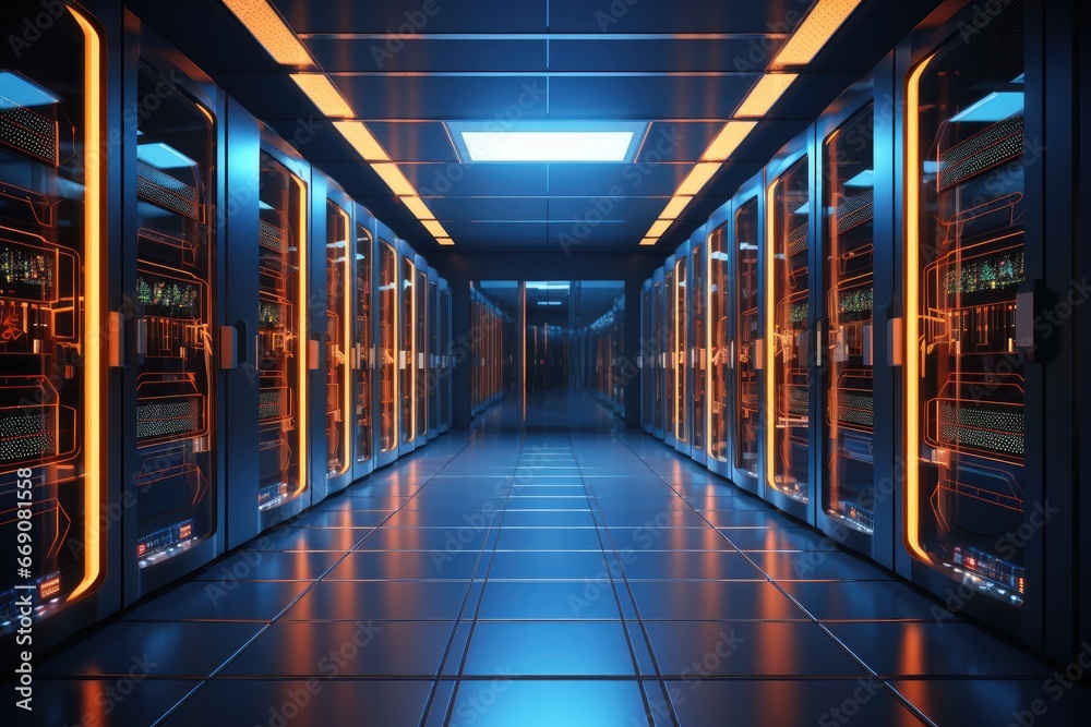 Poster server room data center. datacenter hardware cluster. 3d render, server room data center with rows o