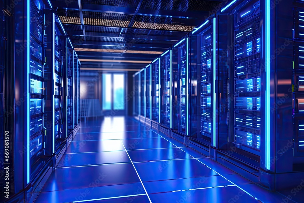 Poster server room data center with hard drives and lights 3d rendering image, server room data center with