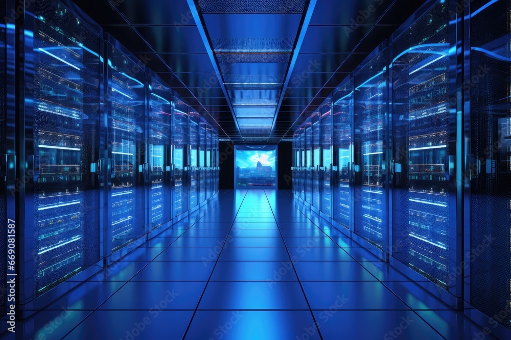 Poster server room data center. blue toned. 3d rendering, server room in data center. 3d rendering. compute