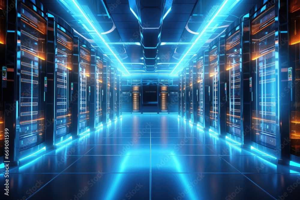 Poster 3d rendering of a server room with blue lights in the background, server room in data center. 3d ren
